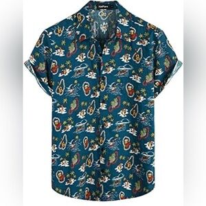 VatPave Button-Up Shirt Men's Sz L Blue Floral Hawaiian Palm Tree Short Sleeve